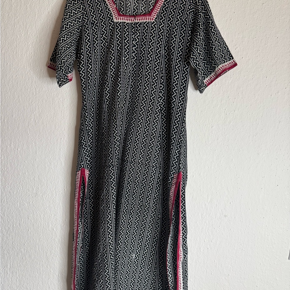 Chic Bohemian Black and White Patterned Dress with Red Accents and Tribal prints